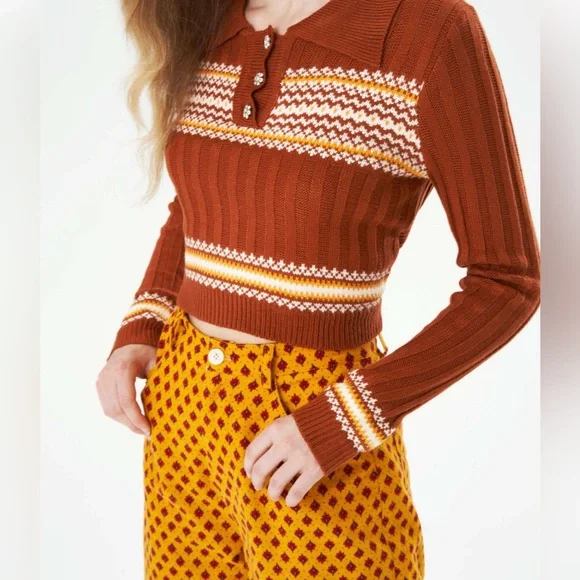 CIDER Retro Button Up Cropped Geometric Polo Knit Top Women’s Size Large - Picture 2 of 12